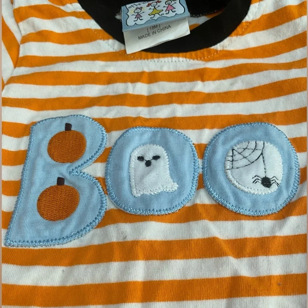Three Sisters Halloween Boo Baby Infant Orange and White Striped Long Romper 18m